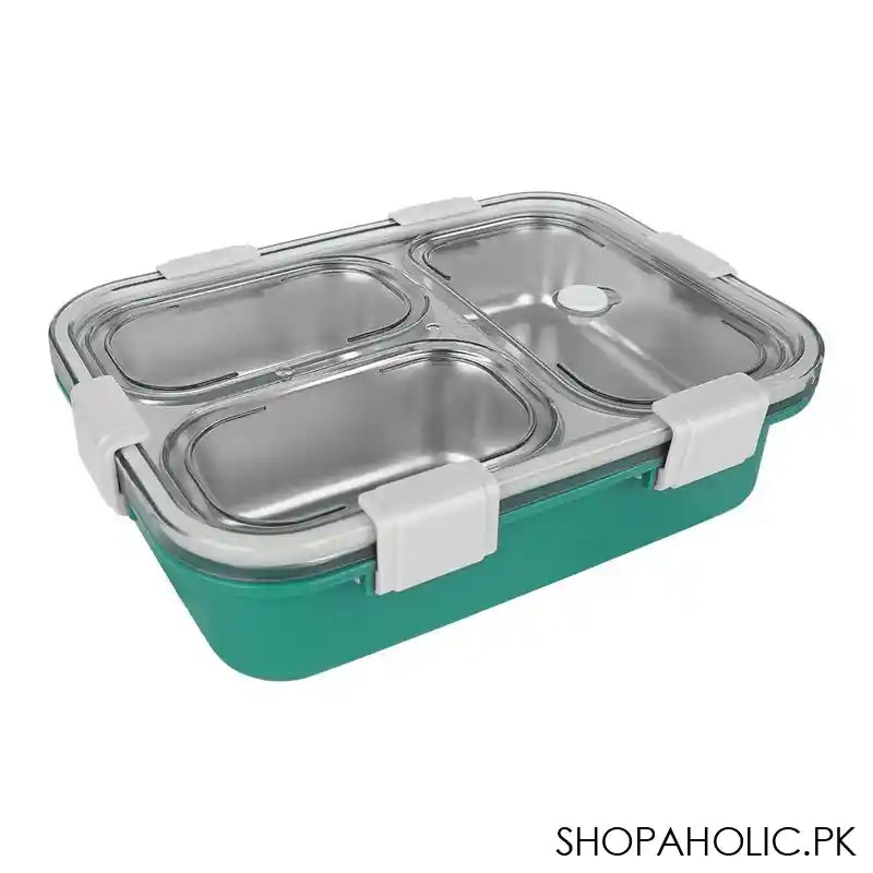 Stainless Steel Lunch Box With Cutlery, Three Compartments, 750ml, 7.5in (H) x 4.9in (W) x 2.2in (D), Green - Image 3
