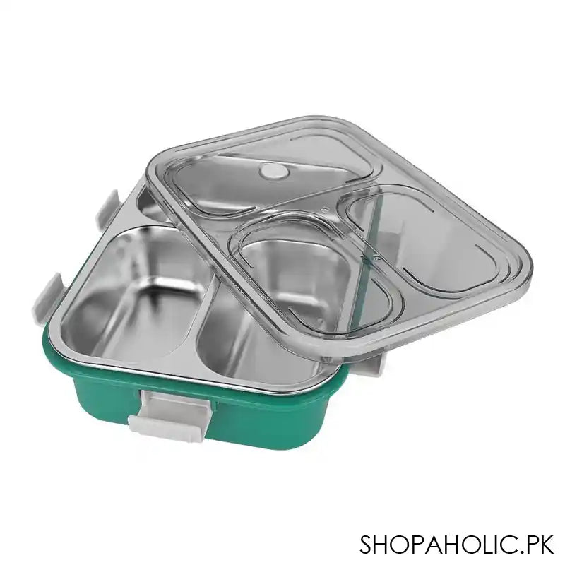 Stainless Steel Lunch Box With Cutlery, Three Compartments, 750ml, 7.5in (H) x 4.9in (W) x 2.2in (D), Green - Image 4