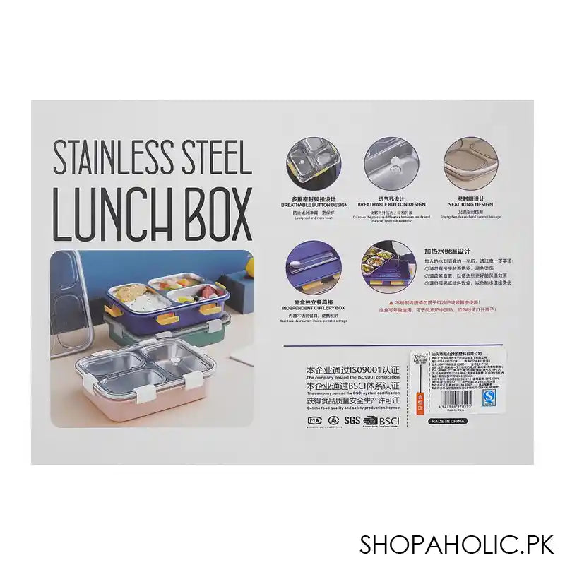Stainless Steel Lunch Box With Cutlery, Three Compartments, 750ml, 7.5in (H) x 4.9in (W) x 2.2in (D), Green - Image 6