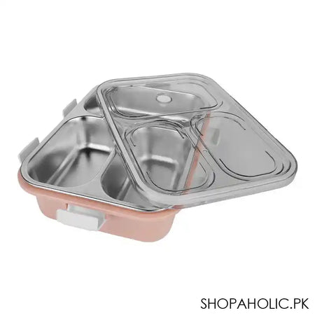 Stainless Steel Lunch Box With Cutlery, Three Compartments, 750ml, 7.5in (H) x 4.9in (W) x 2.2in (D), Peach - Image 2