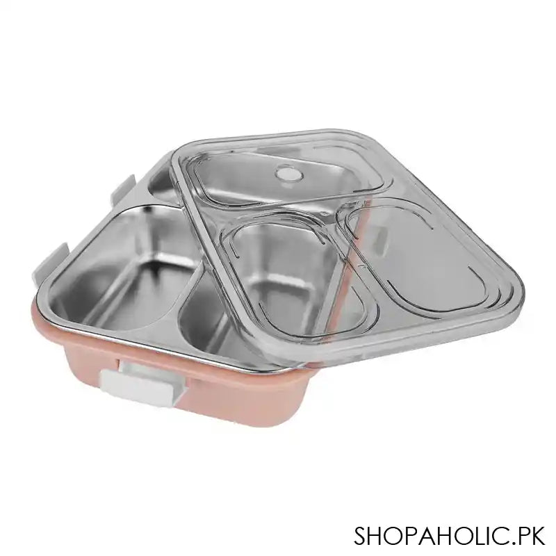 Stainless Steel Lunch Box With Cutlery, Three Compartments, 750ml, 7.5in (H) x 4.9in (W) x 2.2in (D), Peach - Image 2