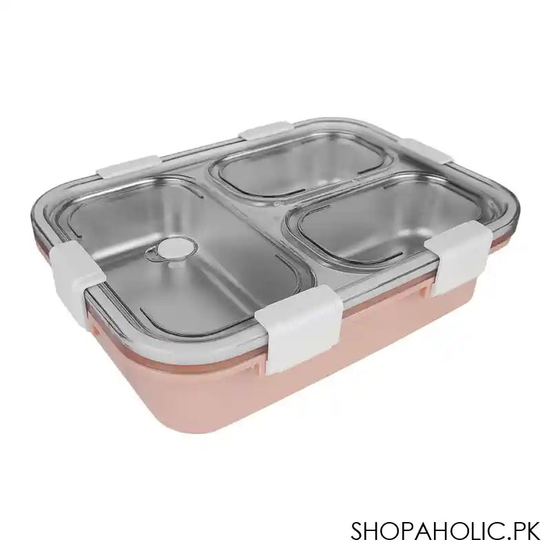 Stainless Steel Lunch Box With Cutlery, Three Compartments, 750ml, 7.5in (H) x 4.9in (W) x 2.2in (D), Peach - Image 4