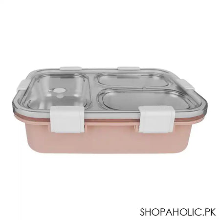 Stainless Steel Lunch Box With Cutlery, Three Compartments, 750ml, 7.5in (H) x 4.9in (W) x 2.2in (D), Peach - Main Image