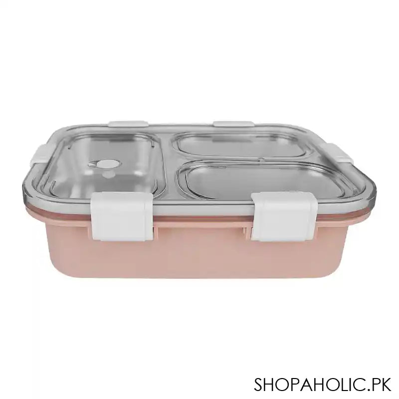 Stainless Steel Lunch Box With Cutlery, Three Compartments, 750ml, 7.5in (H) x 4.9in (W) x 2.2in (D), Peach - Main Image
