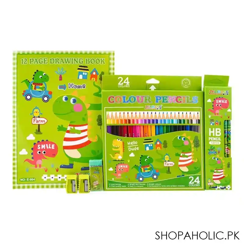 stationery set with drawing book & art accessories, green, e 723 main image