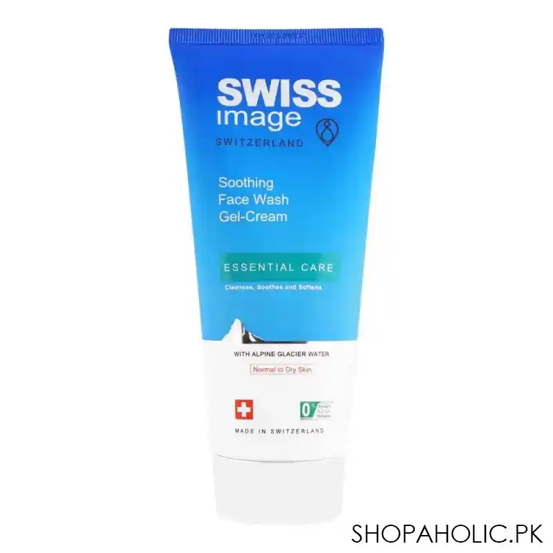 swiss image switzerland essential care soothing face wash gel cream, cleanses, soothes & softens with alpine glacier water, normal to dry skin, 200ml main image