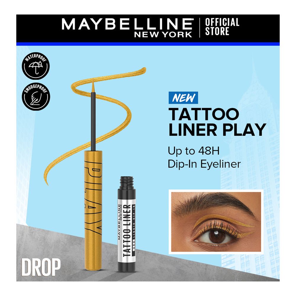 Maybelline New York Tattoo Play Liquid Eyeliner, Water & Smudge Proof, Vegan Formula, Drop-Metallic Gold - Main Image