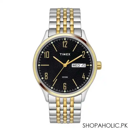 timex men's black round dial with two tone bracelet analog watch, tw2t47800 main image