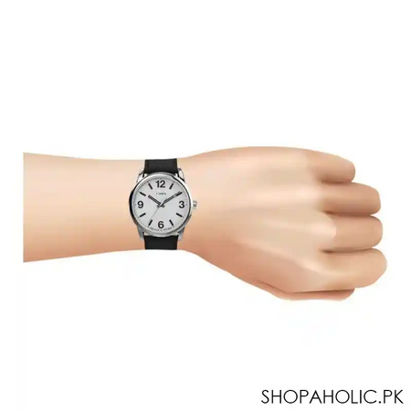 timex men's chrome round dial with white background & textured black strap analog watch, tw2u71700 image2