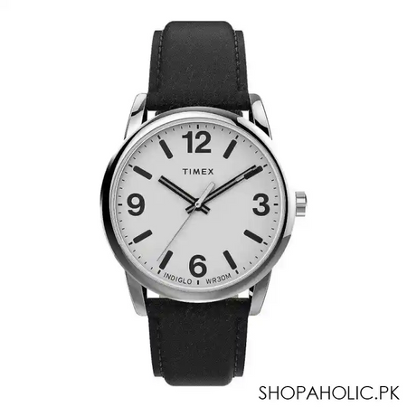 timex men's chrome round dial with white background & textured black strap analog watch, tw2u71700 main image
