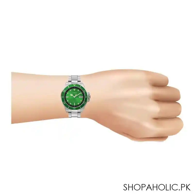 timex men's harborside coast 43mm chrome case silver green stainless watch, tw2u72000 image5