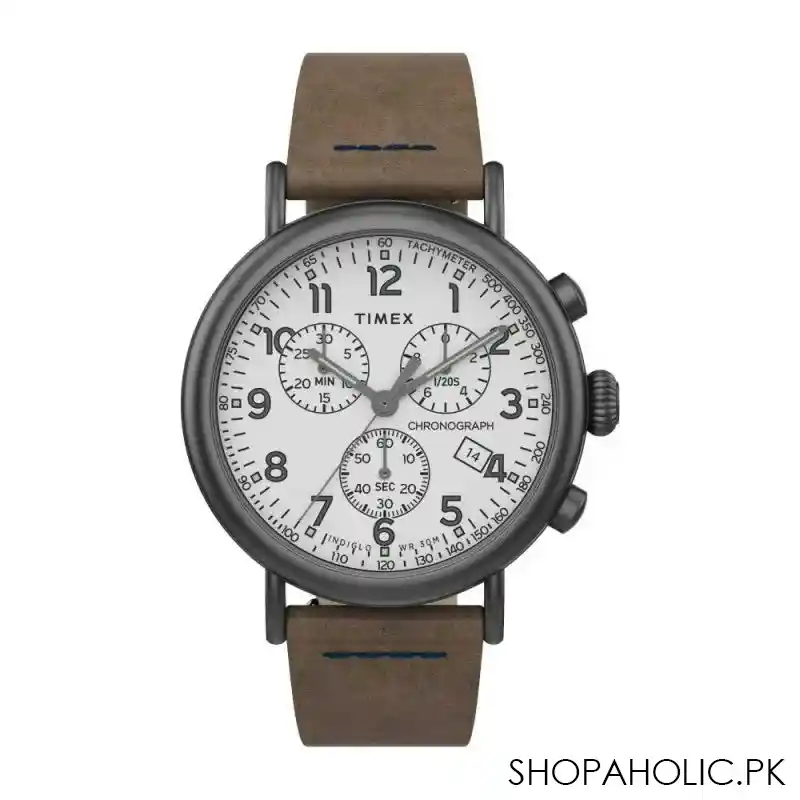 timex men's indiglo wr30m grey round dial with white background & plain brown strap chronograph watch, tw2t69000 main image