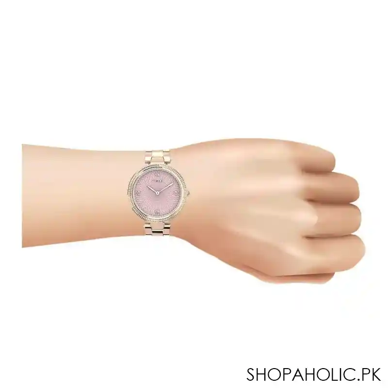 timex women's designed pink round dial with rose gold bracelet analog watch, tw2v24300 image2