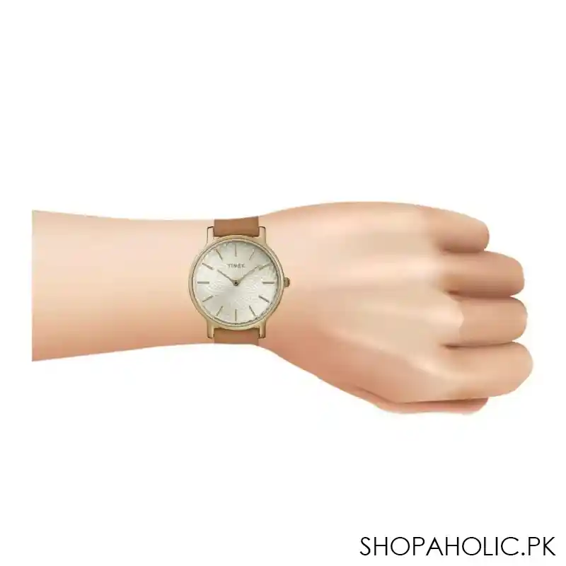 timex women's designed round dial with plain sand brown strap analog watch, tw2r91800 image2