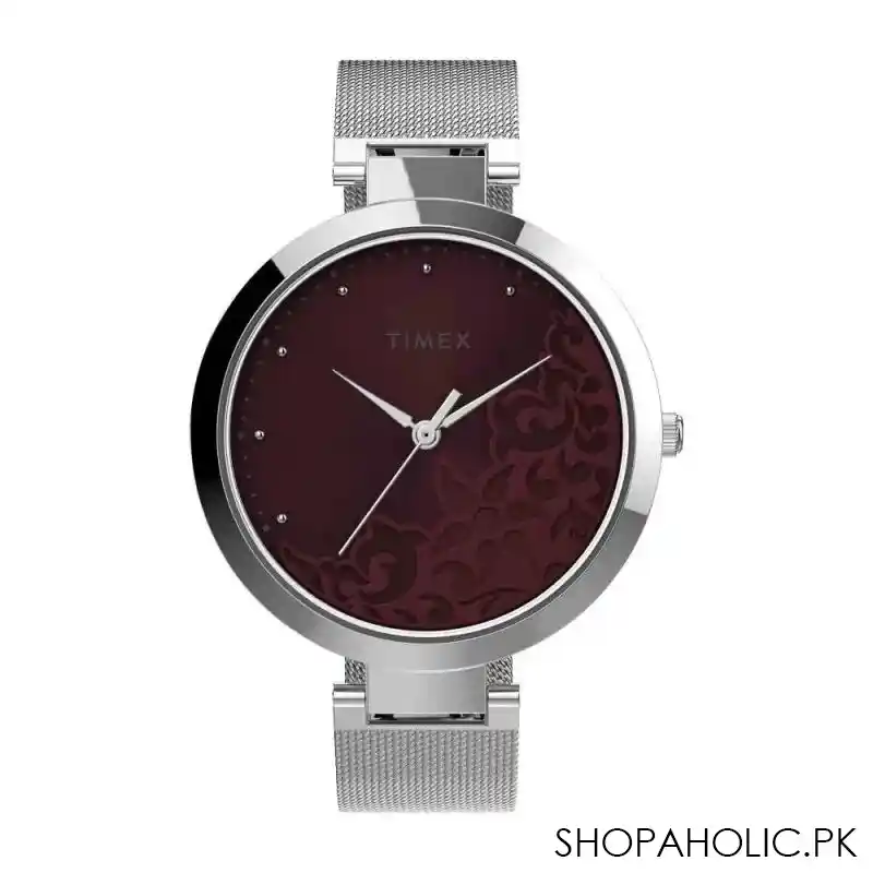 timex women's maroon round dial with chrome bracelet analog watch, tw2v20600 main image