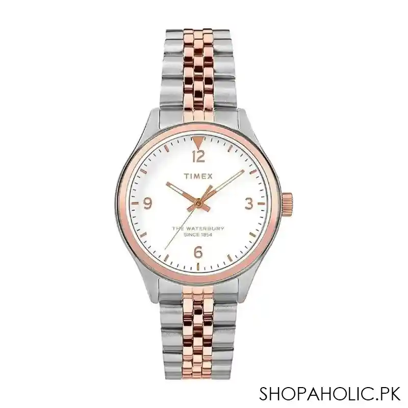 timex women's white round dial with two tone bracelet analog watch, tw2t49200 main image