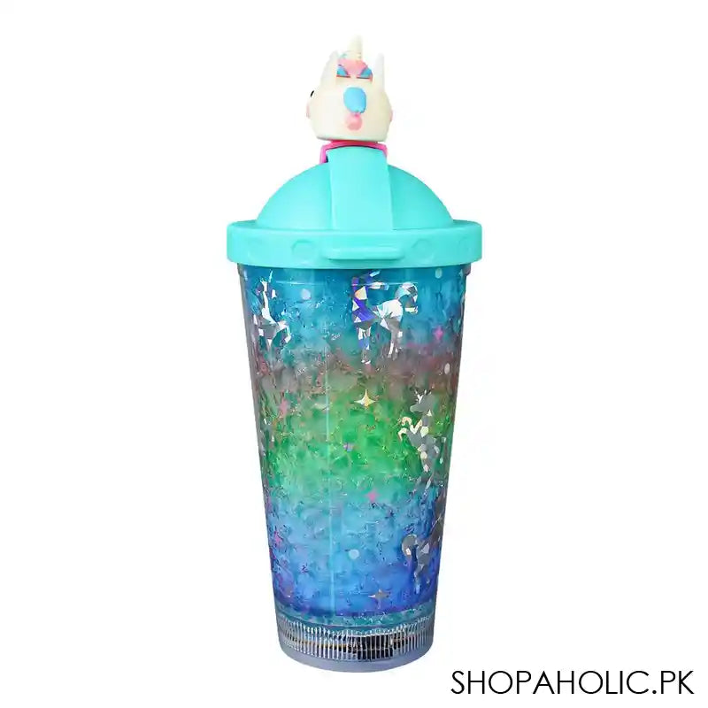 Unicorn Theme BPA Free Plastic Tumbler Water Bottle With Straw & Strap, Insulated Travel Mug, Sea Green, 500ml Capacity, WBD9100 - Image 5