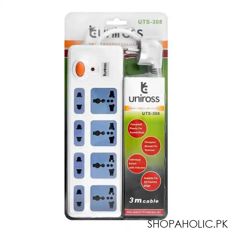 uniross 3m cable power extension board, 8 sockets, uts 308 main image