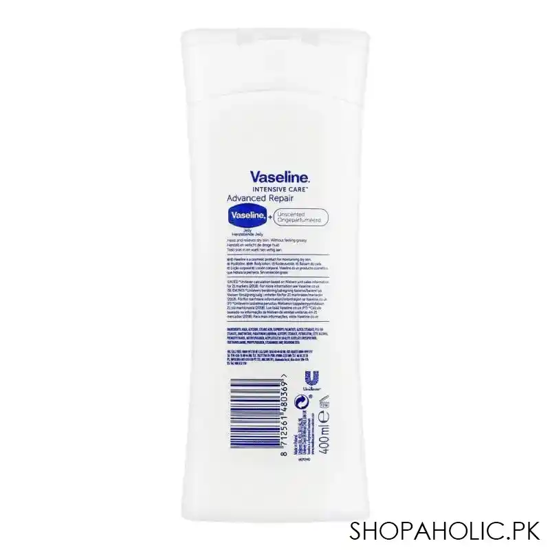 vaseline intensive care advanced repair unscented body lotion, heals & relieves dry skin without feeling greasy, 400ml image2