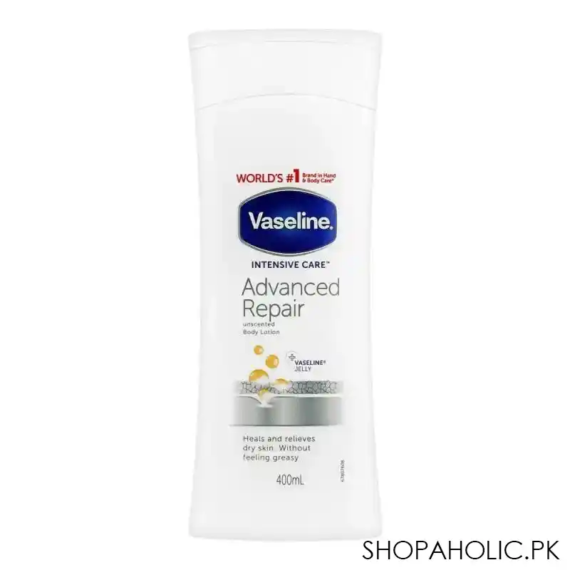 vaseline intensive care advanced repair unscented body lotion, heals & relieves dry skin without feeling greasy, 400ml main image