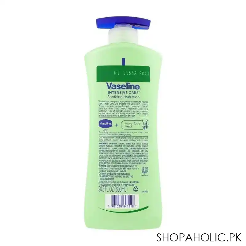 vaseline intensive care soothing hydration aloe vera non greasy body lotion pump, 600ml image2