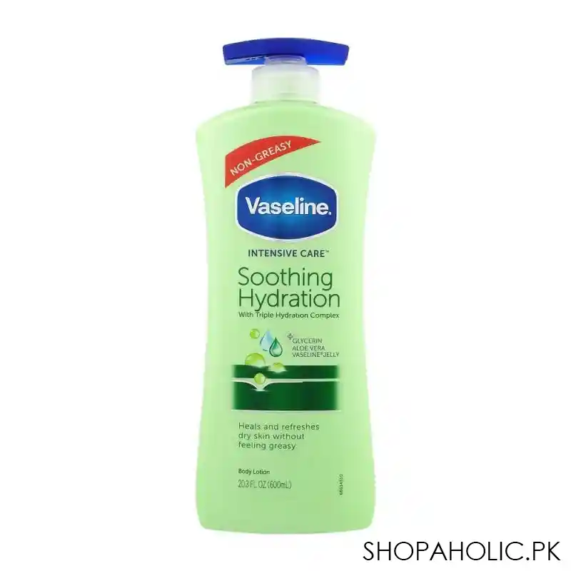 vaseline intensive care soothing hydration aloe vera non greasy body lotion pump, 600ml main image