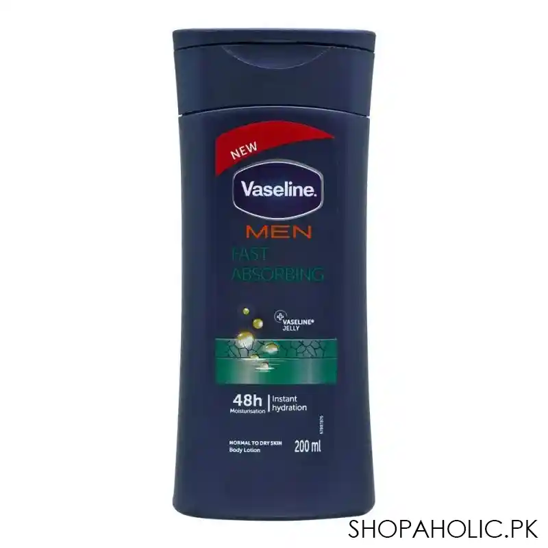 vaseline men fast absorbing 48h moisturisation body lotion, normal to dry skin, 200ml main image