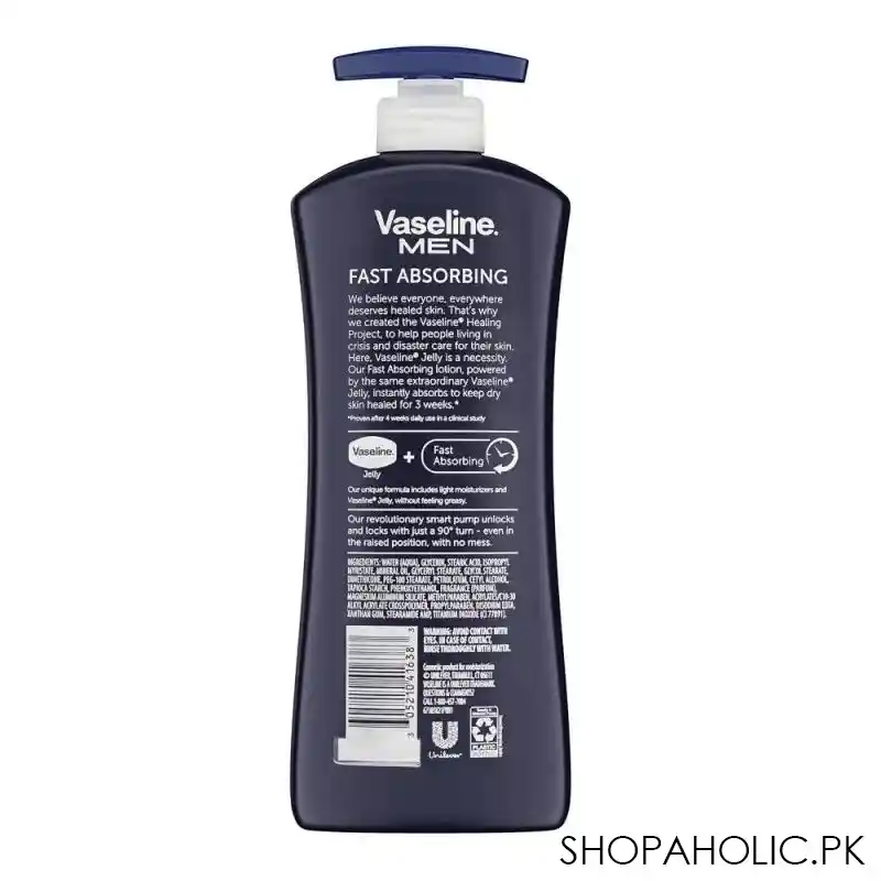 vaseline men fast absorbing non greasy body & face lotion pump, for dry skin, 600ml image2