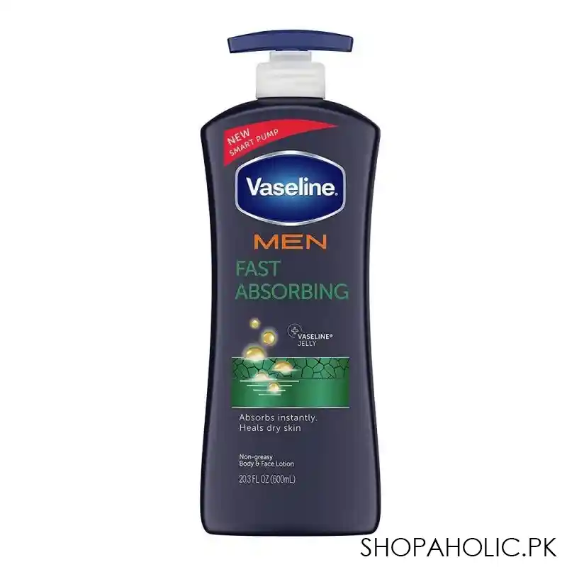 vaseline men fast absorbing non greasy body & face lotion pump, for dry skin, 600ml main image