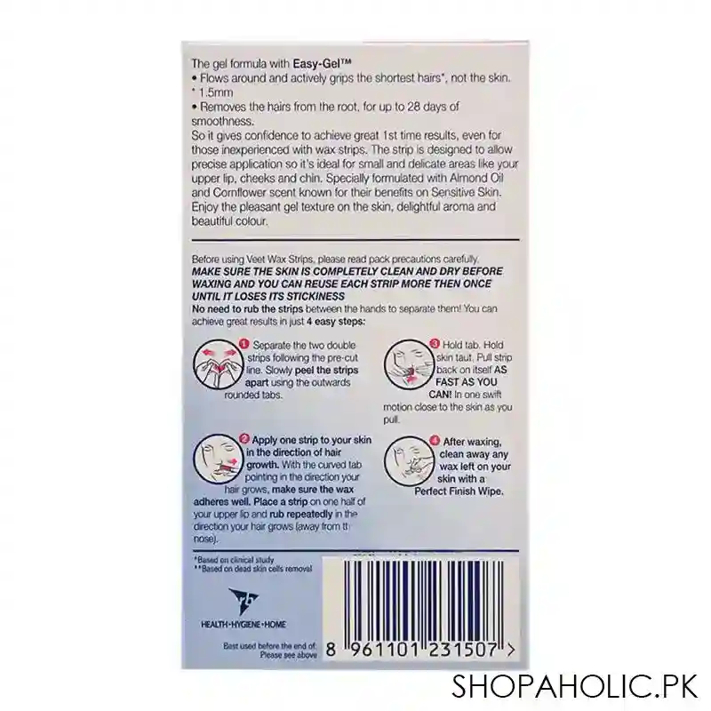 veet easy gel face wax strips, for sensitive skin, 8 pack image2