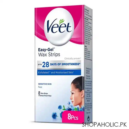veet easy gel face wax strips, for sensitive skin, 8 pack main image