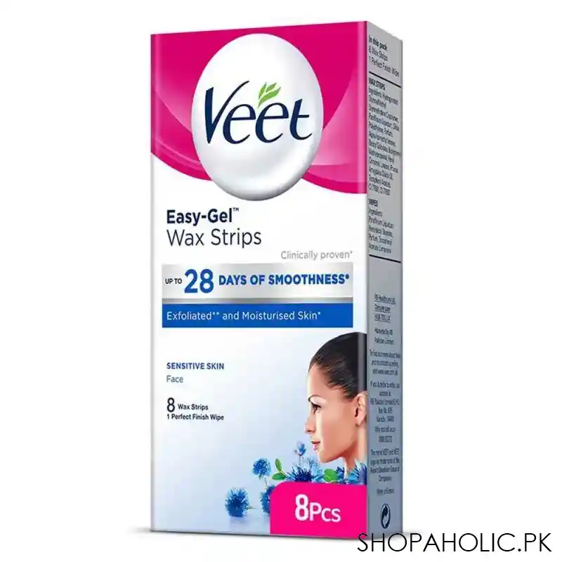 veet easy gel face wax strips, for sensitive skin, 8 pack main image