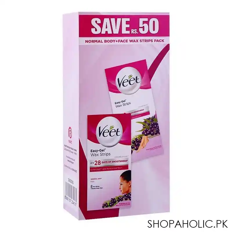 veet easy gelwax shea butter & acai berries scent normal skin body + face wax strips pack, save rs.50/  main image