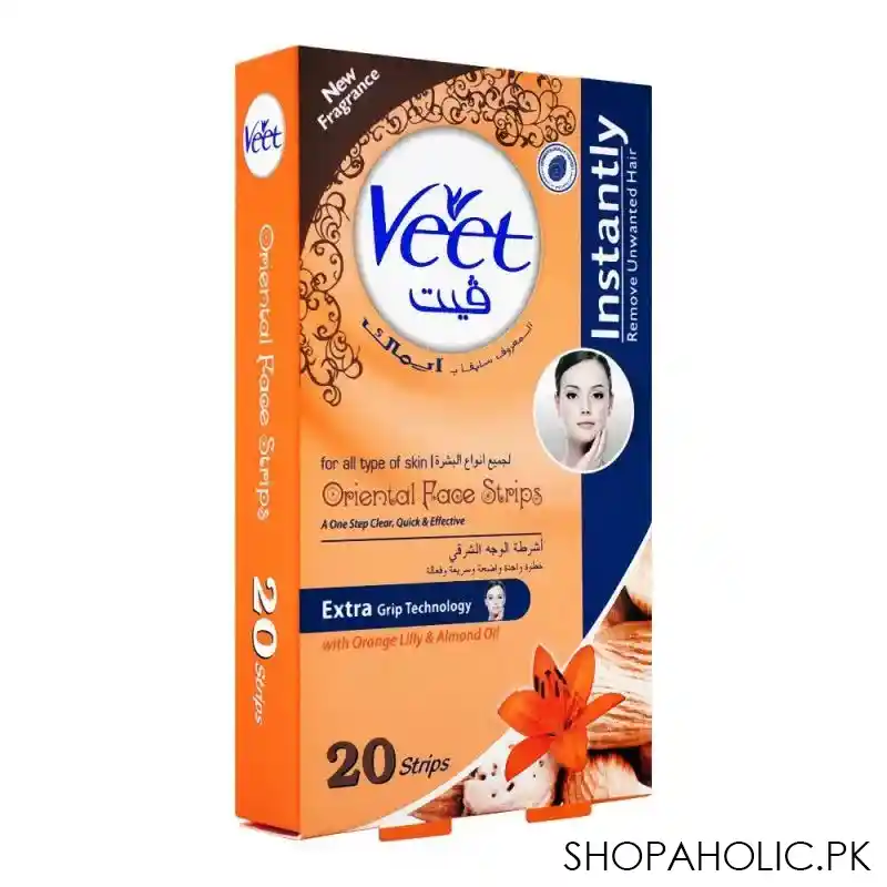 veet oriental face wax strips, orange lily & almond oil, all skin types, 20 pack main image