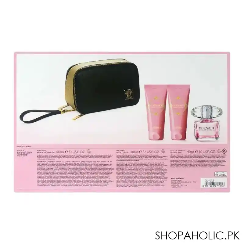 versace bright crystal perfume set for women, edt 90ml + body lotion + shower gel + pouch image3