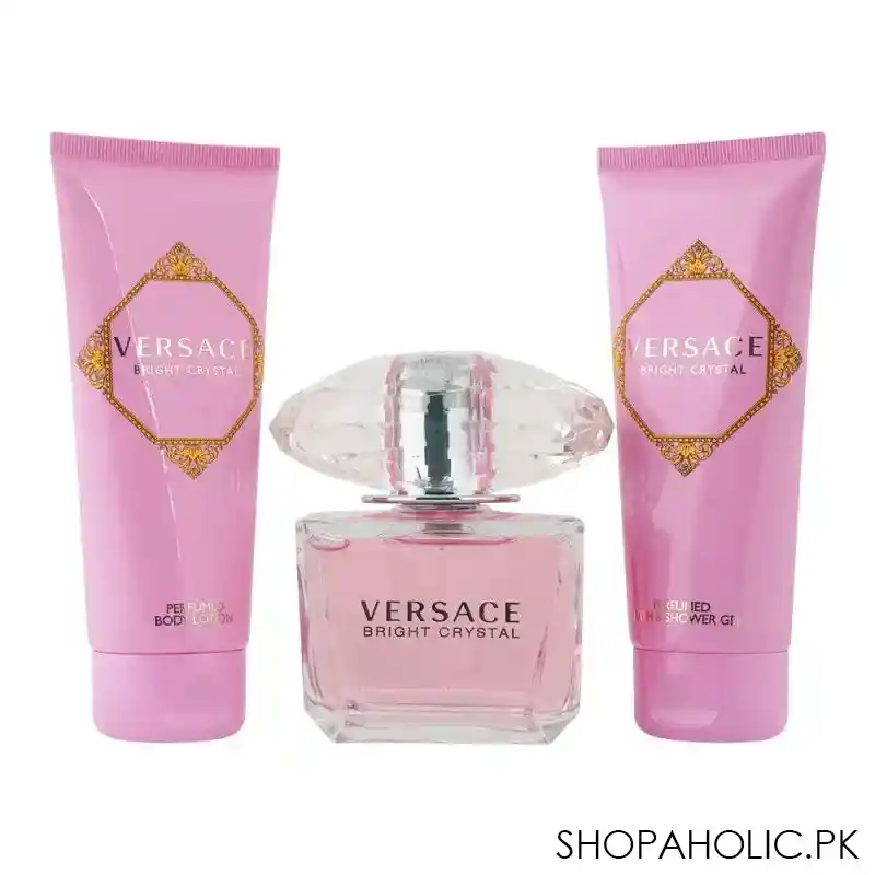 versace bright crystal perfume set for women, edt 90ml + body lotion + shower gel + pouch main image