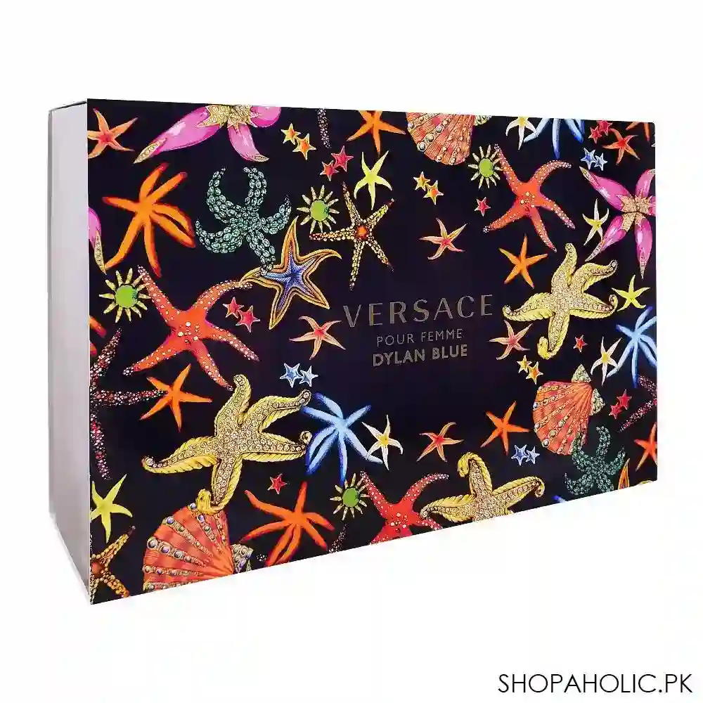 versace dylan blue pour femme perfume set for women, edp 100ml + edt 5ml + body lotion + shower gel image2