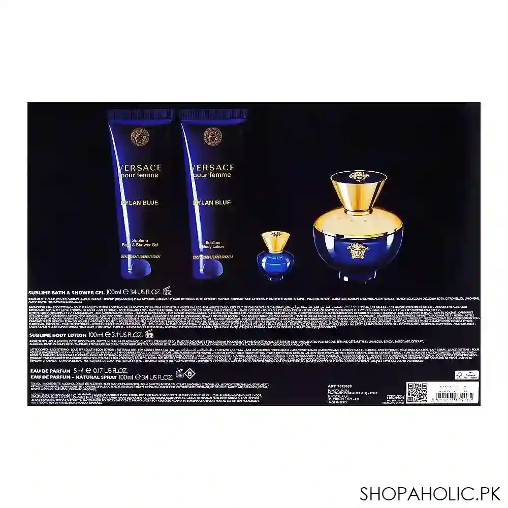 versace dylan blue pour femme perfume set for women, edp 100ml + edt 5ml + body lotion + shower gel image3