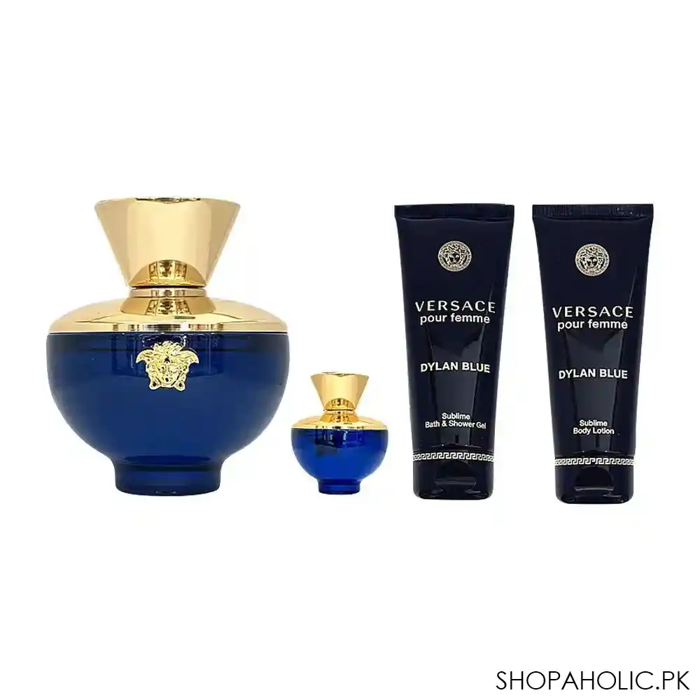 versace dylan blue pour femme perfume set for women, edp 100ml + edt 5ml + body lotion + shower gel main image