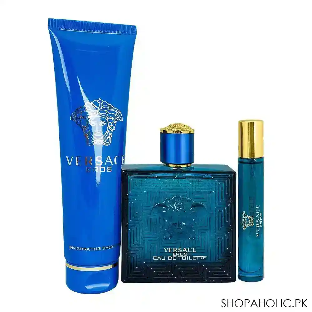 versace eros set, for men, eau de toilette 100ml + eau de toilette 10ml + invigorating shower gel, 150ml main image