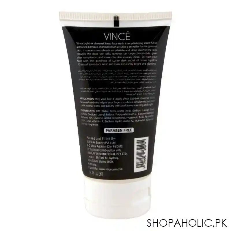 vince activated charcoal lightnix scrub face wash, paraben free, removes blackheads, 120ml image2