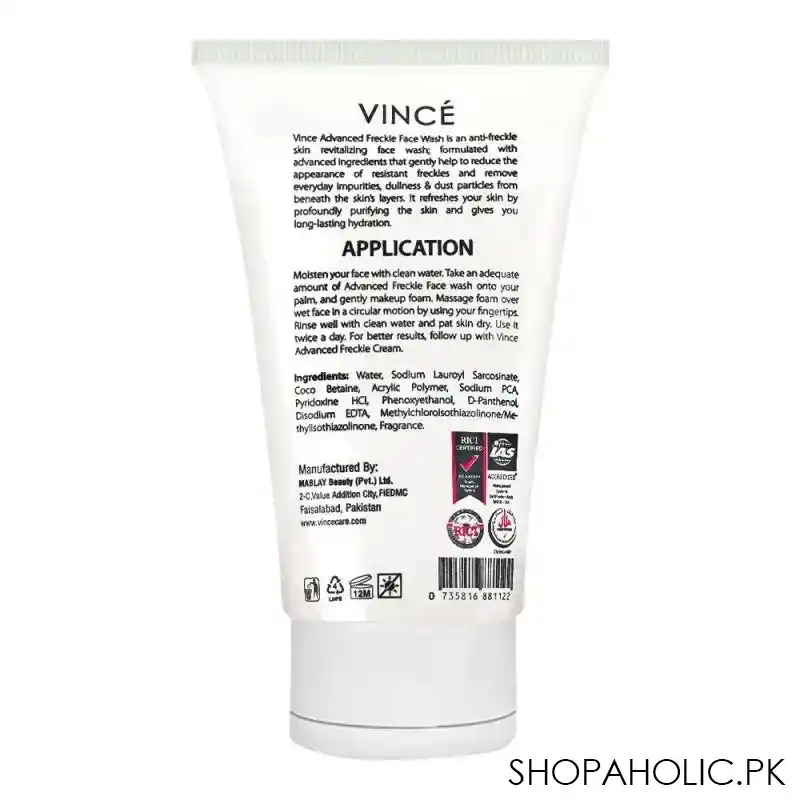 vince advanced freckle face wash 3x, helps reduce resistant  hyper pigmentation, for resistant & hyper pigmented skin, sulphate free, freckless, 120ml image2