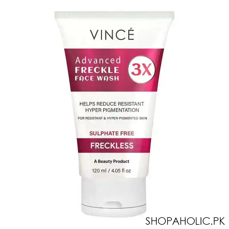 vince advanced freckle face wash 3x, helps reduce resistant  hyper pigmentation, for resistant & hyper pigmented skin, sulphate free, freckless, 120ml main image