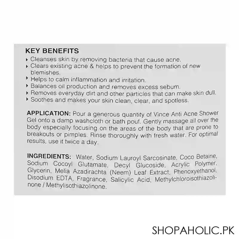 Vince Anti-Acne With Salicyclic Acid & Neem Extract Sulfate Free Shower Gel, 300ml - Image 3