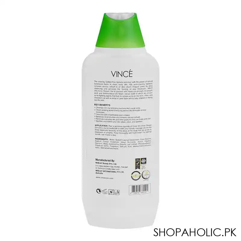 Vince Anti-Acne With Salicyclic Acid & Neem Extract Sulfate Free Shower Gel, 300ml - Image 2