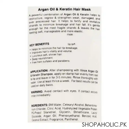 vince anti breakage argan oil & keratin hair mask, 200ml image3