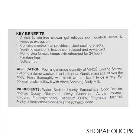 Vince Men Cooling & Refreshing With Menthol Sulfate Free Shower Gel, 300ml - Image 2
