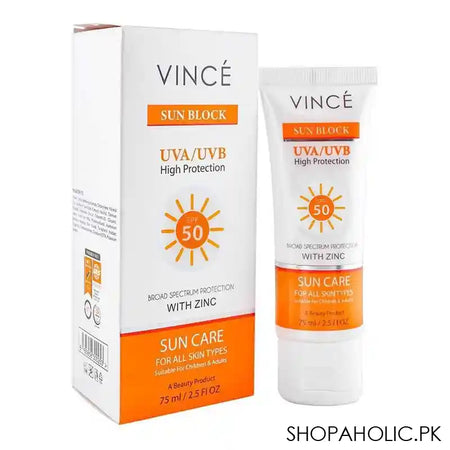 Vince Sun Block UVA & UVB High Protection SPF-50 With Zinc Sun Care, For All Skin Types, 75ml - Main Image