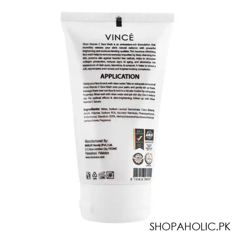 Vince Vitamin C Sulfate-Free Brightening Facial Cleanser Face Wash, For All Skin Types, 120ml - Image 2