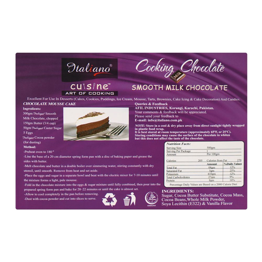 Italiano Cooking Chocolate, Smooth Milk Chocolate, 500g - Image 2